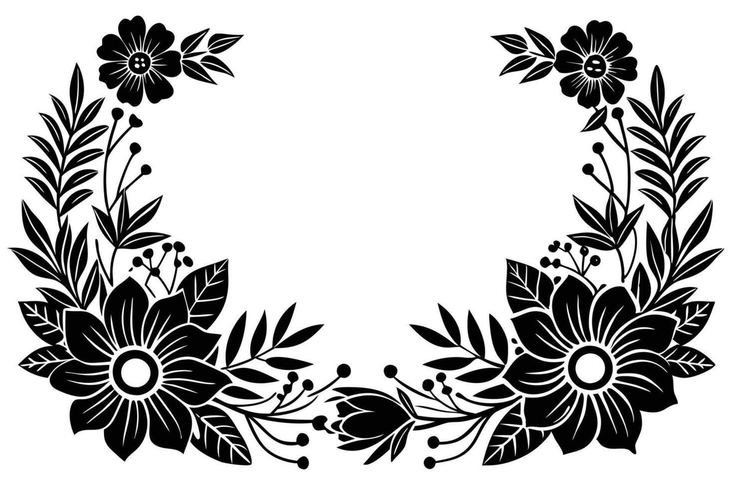 Elegant Black and White Floral Wreath Design A Stunning Half-Circle of Flowers and Leaves for Romantic Invitations and Elegant Decor vector