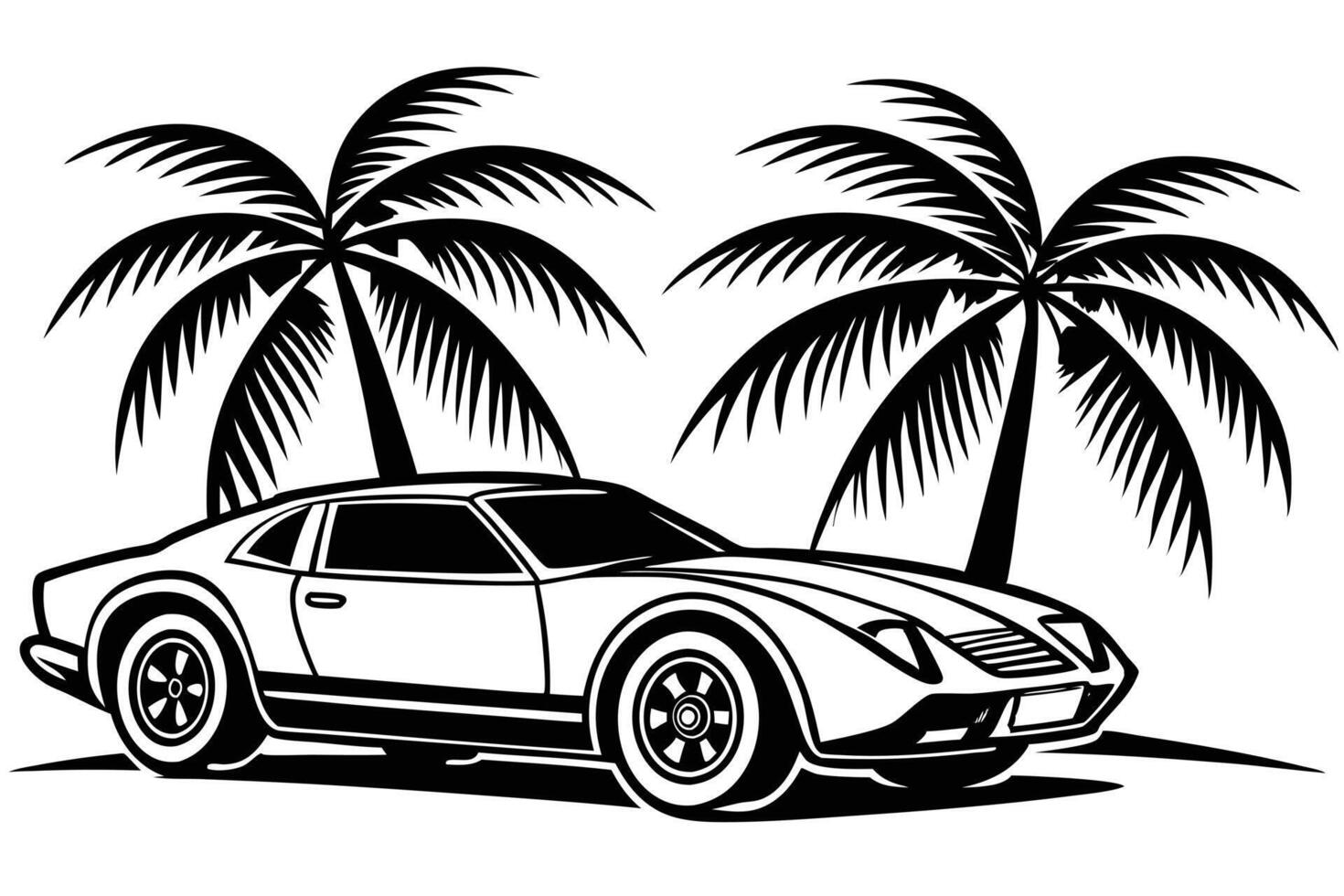 A vintage car parked between two palm trees in a black and white illustration vector
