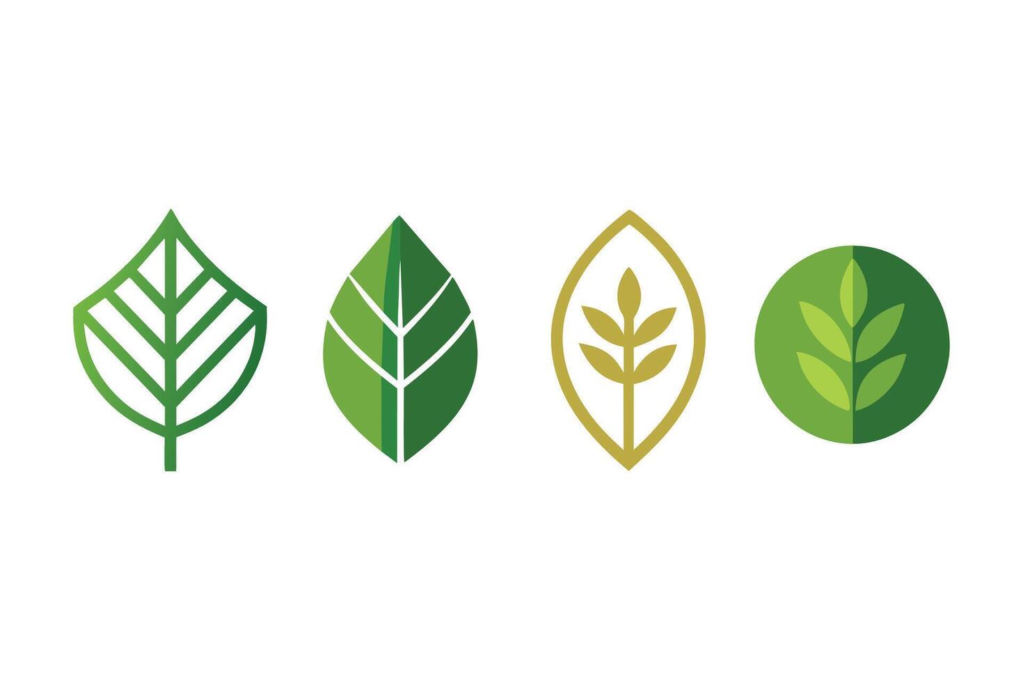 Four Serene Green Leaf Logo Designs for Eco-Friendly Brands, Illustrating Natural Growth and Sustainability - Professional digital artwork with vibrant colors and detailed composition vector