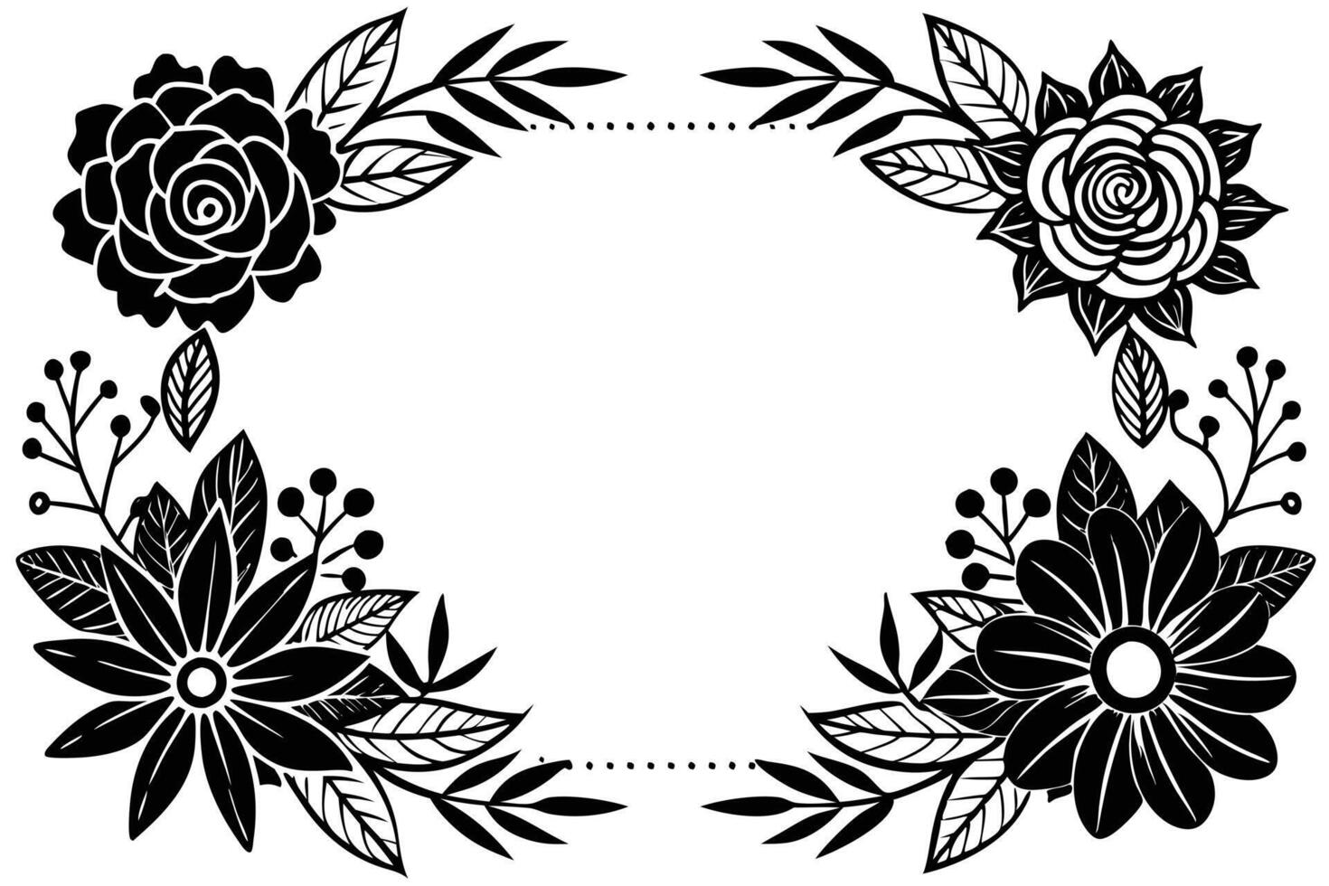 Elegant Black and White Floral Frame Design Romantic, Symmetrical Flower Border for Invitations, Cards, and Decorative Projects vector