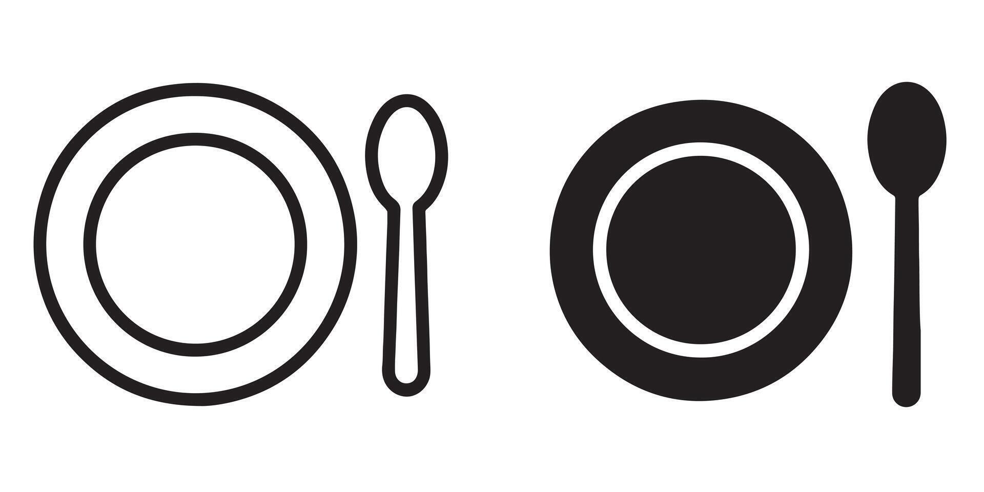 Simple Minimalist Black and White Plate and Spoon Icons for Restaurant Menu, Food Blog, or Website Design vector