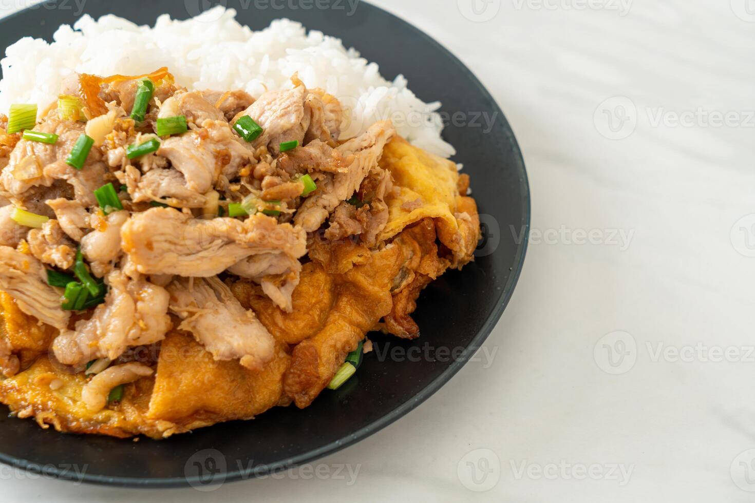 stir-fried pork with garlic and egg topped on rice - Thai street food style photo