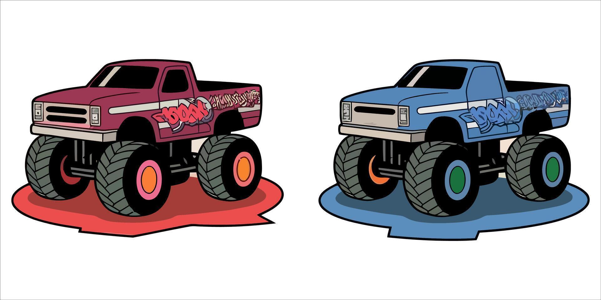 Two vibrant monster trucks with graffiti style accents and bold tires vector