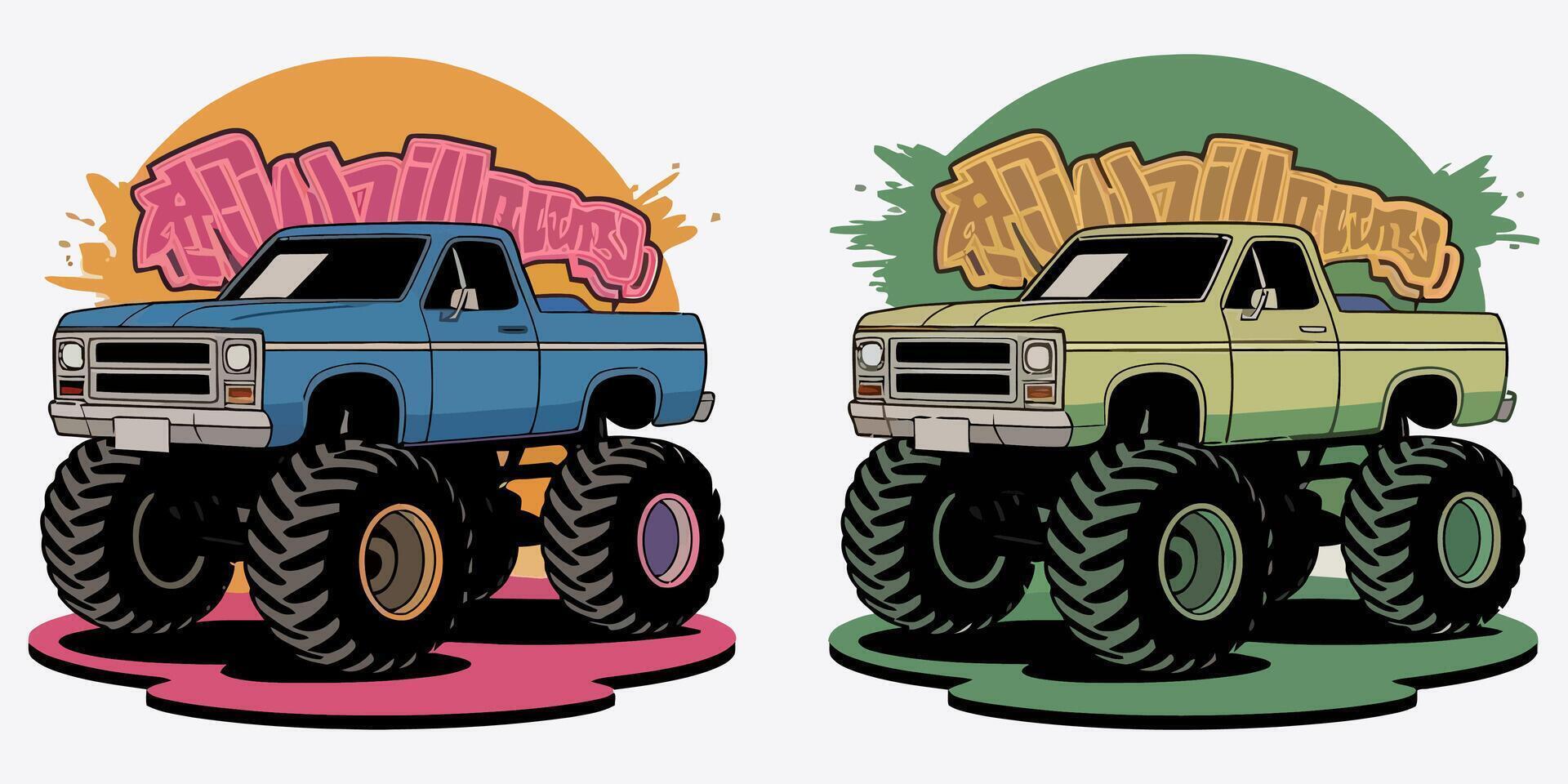 Vibrant monster trucks ready for action with abstract explosions vector