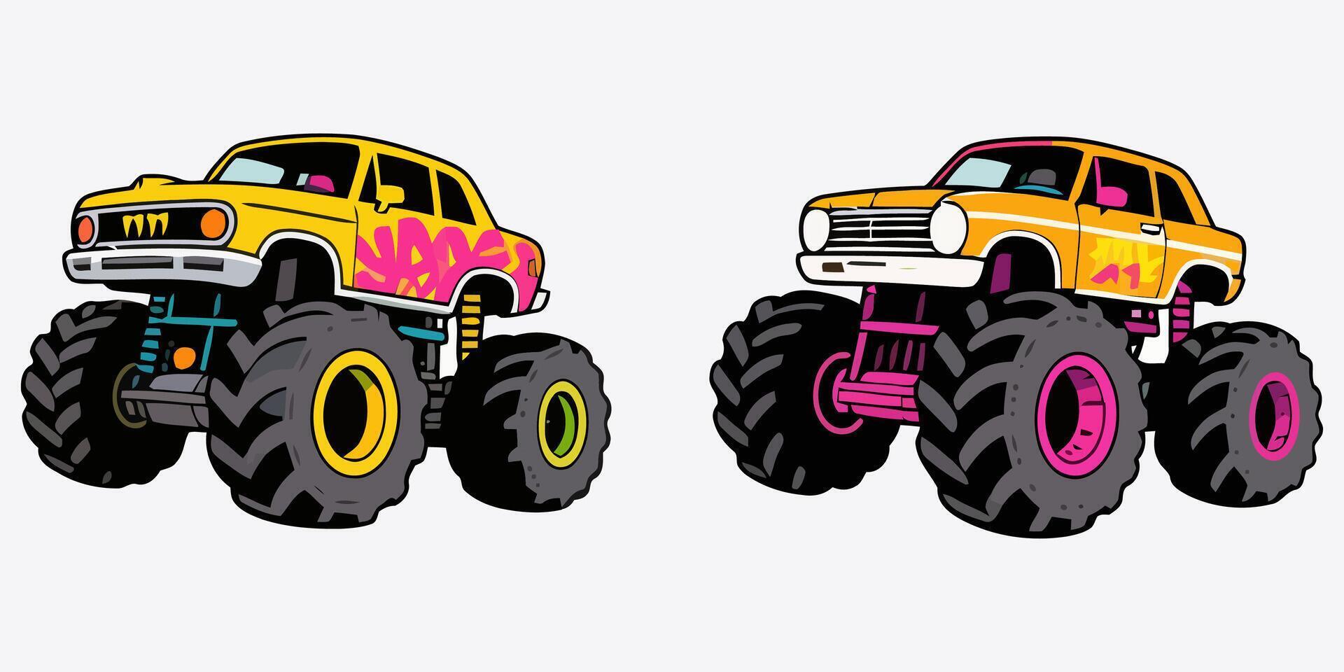 illustration of two monster trucks with big wheels isolated on white background vector