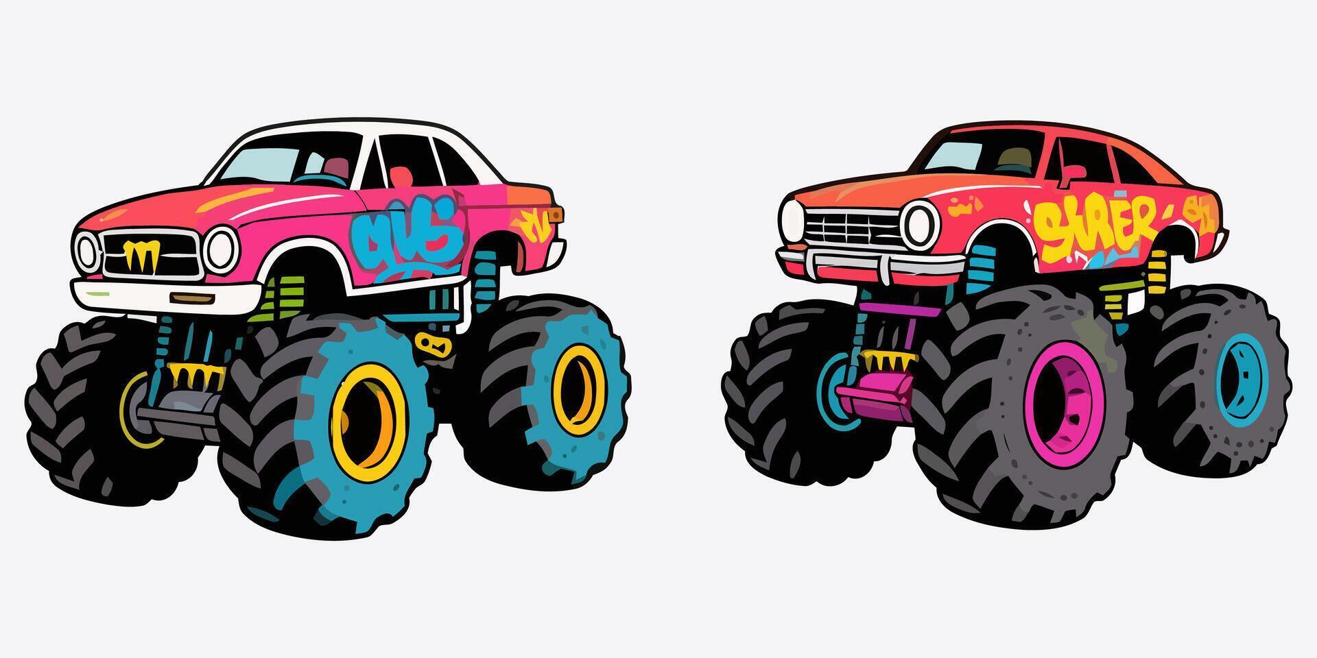 illustration of two cartoon monster trucks isolated on white background vector