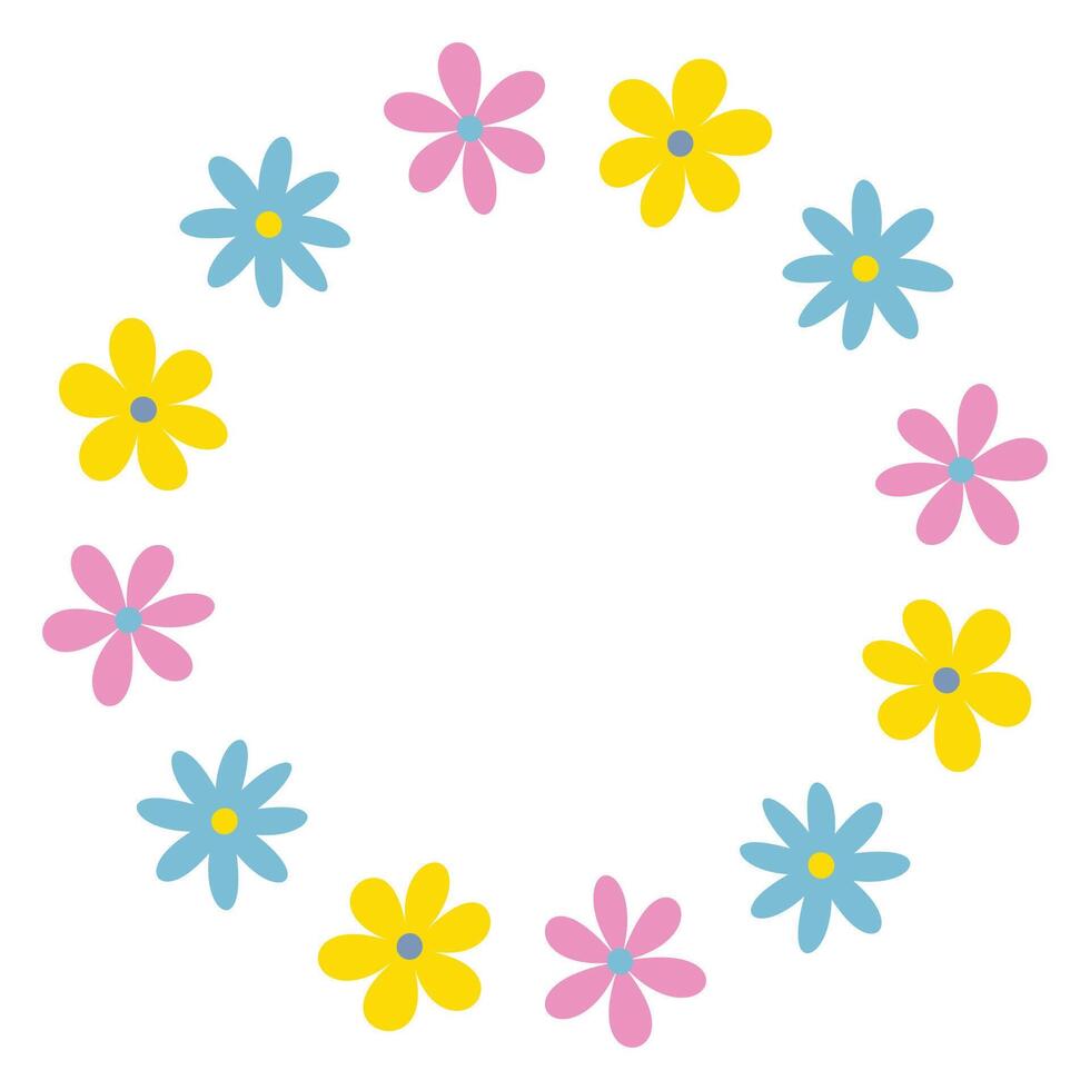A cute round frame in a repeating pattern of flowers of different shapes and colors, yellow, pink and blue. vector