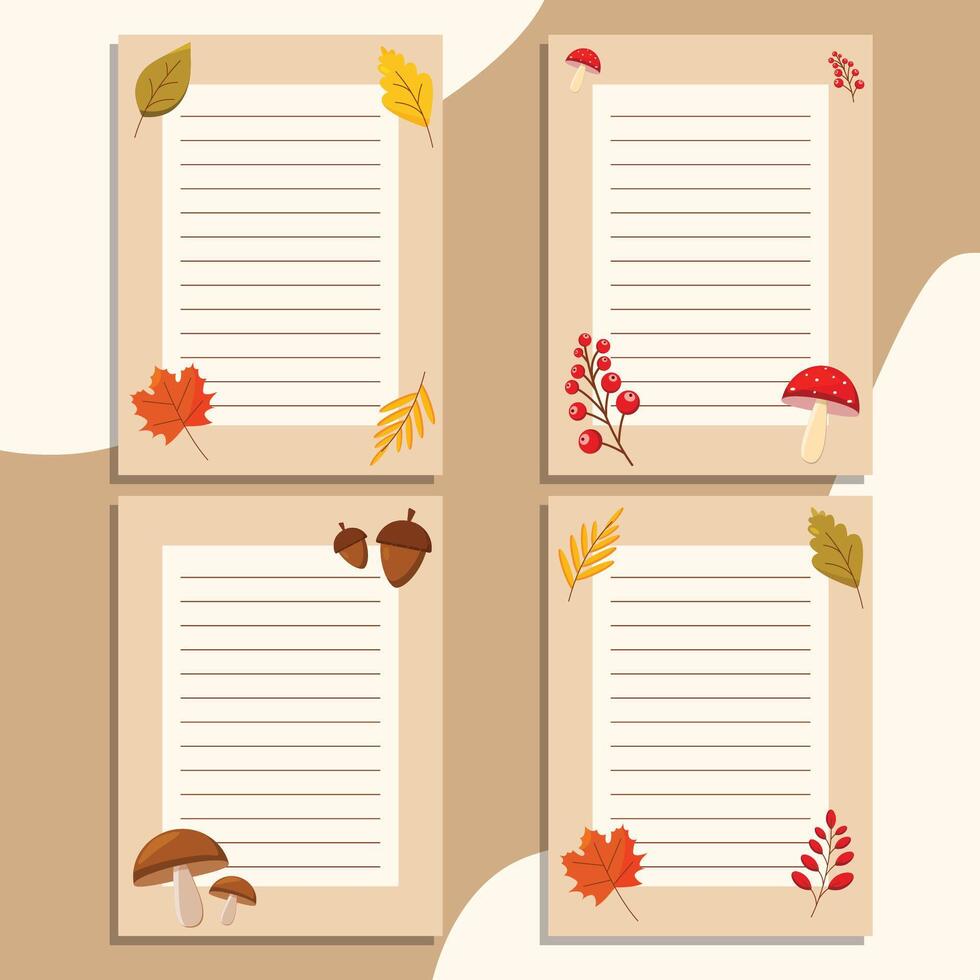 Autumn banners with writing lines, each decorated with autumn elements on a beige background. Autumn leaves, mountain ash, mushrooms, acorns. vector