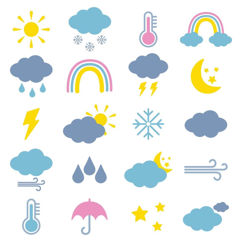 illustration set of weather forecast icons, clouds, sun, rainbow, moon, rain, snow, thermometer, umbrella. vector
