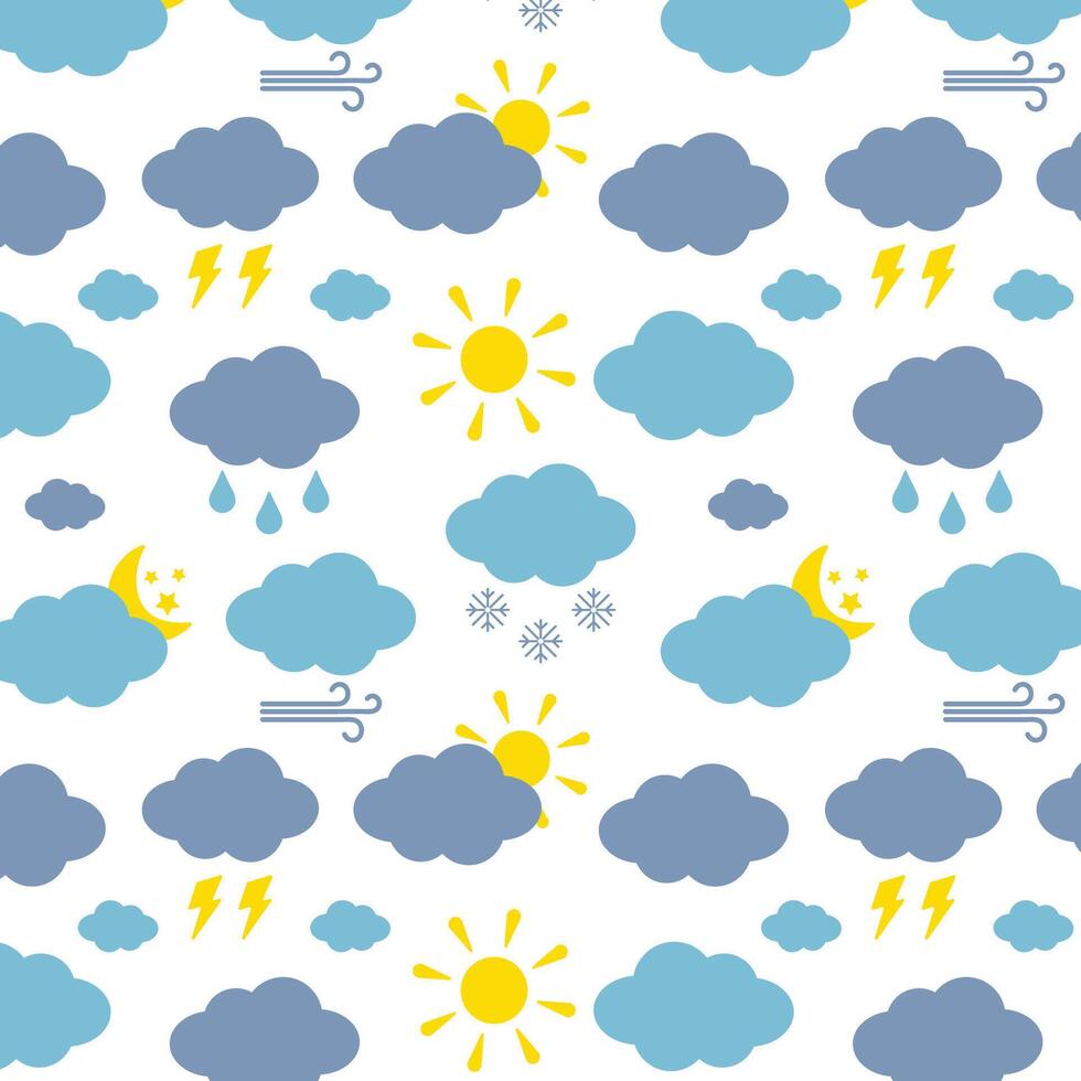 Seamless drawing with weather forecast, clouds, sun, moon, wind, rain, snow, lightning. vector