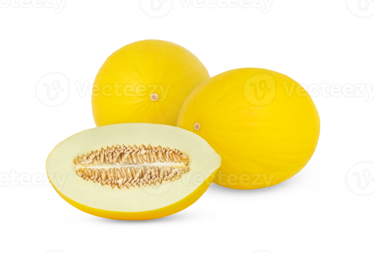 Two ripe honeydew melons and a half of melon isolated. png