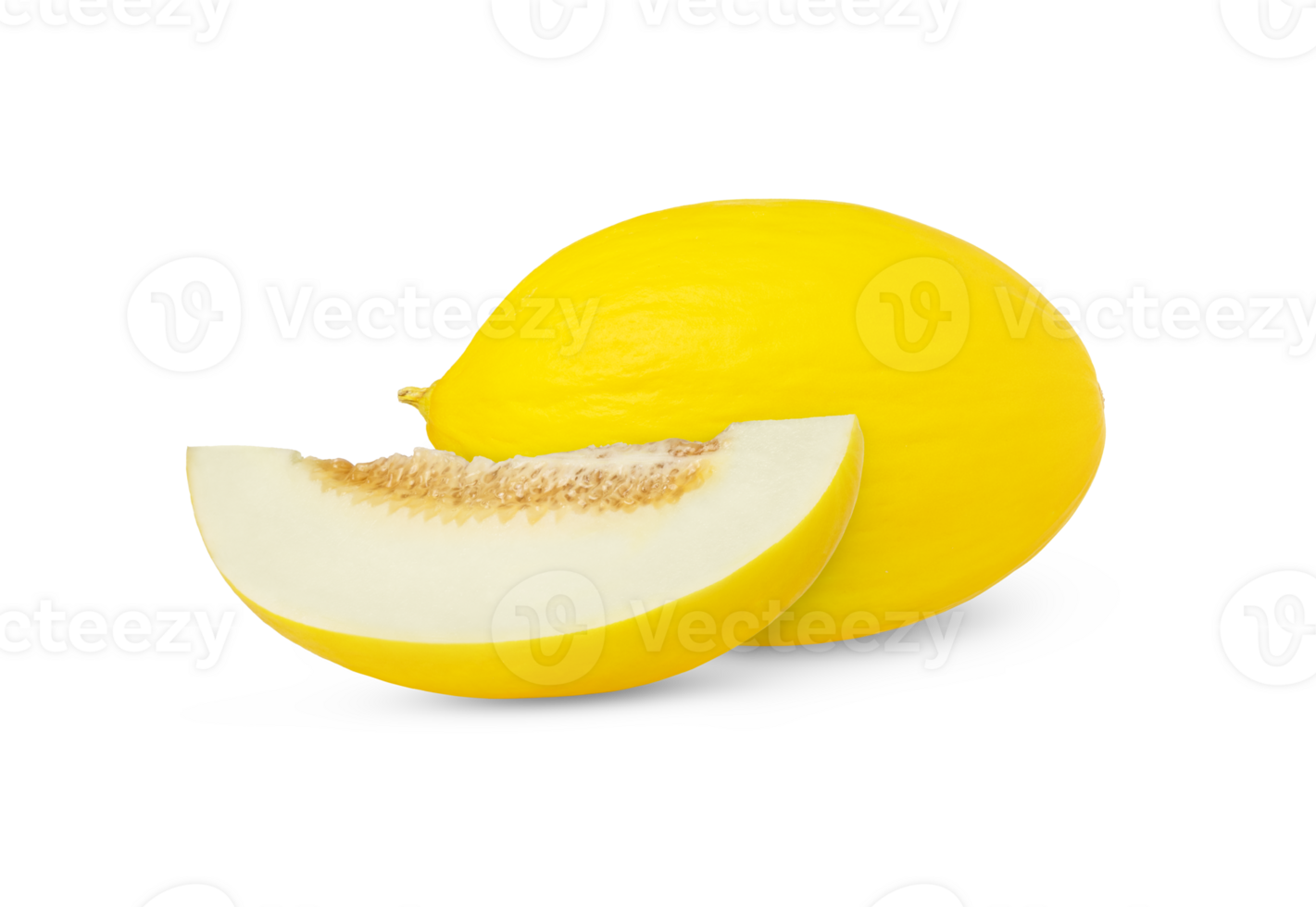 Yellow ripe canary melon and a cut in slice isolated. png