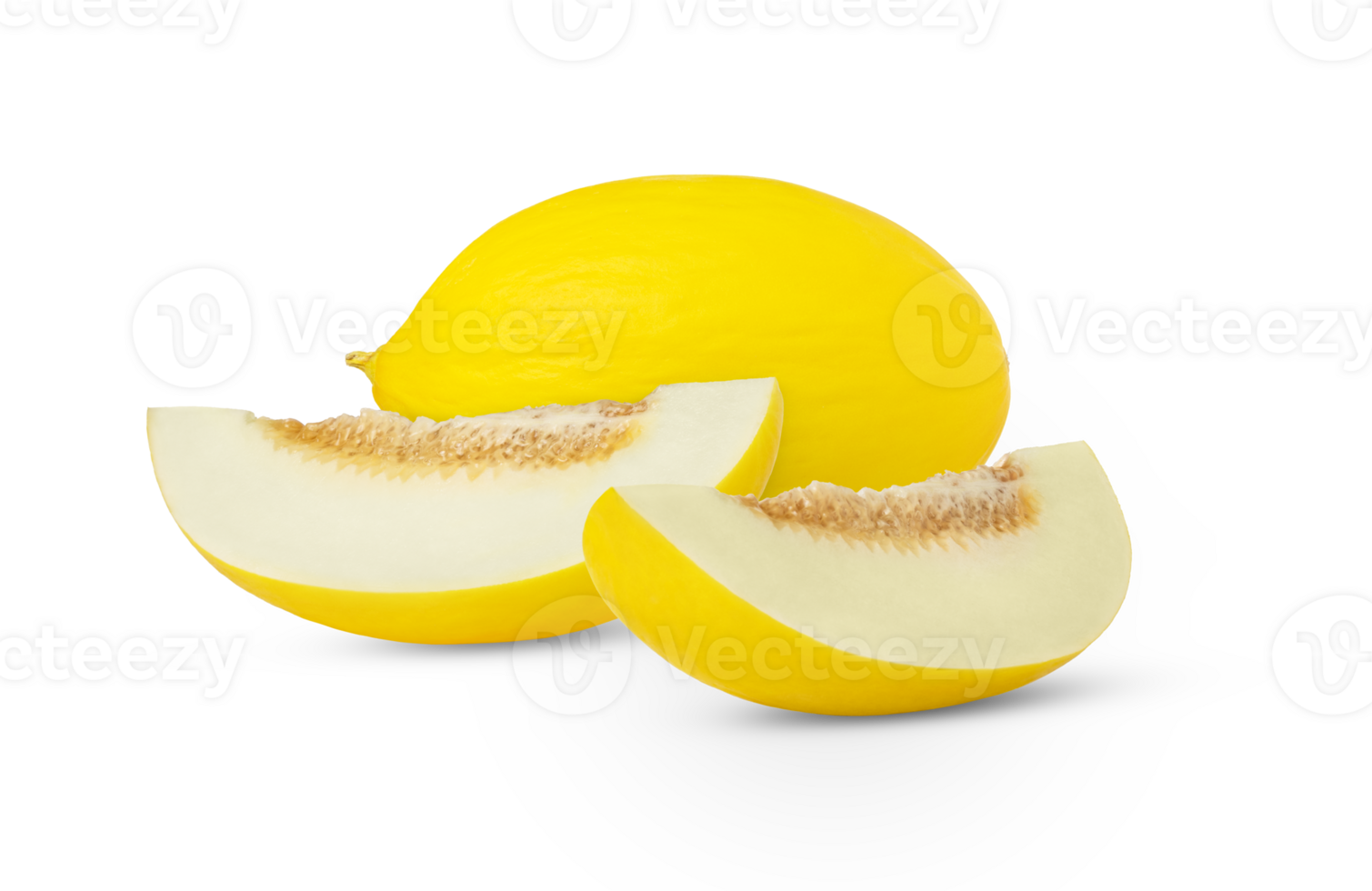 One whole yellow melon and two slices with seeds isolated. png