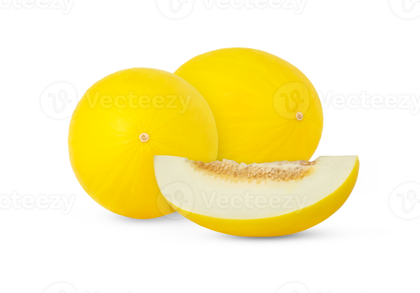 Yellow honeydew melon and slice with seeds isolated, with full depth of field. png