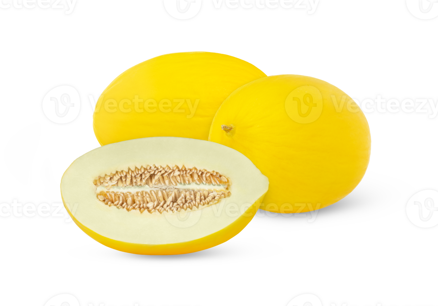 Two yellow honeydew melons and a cut in half isolated with seeds. png