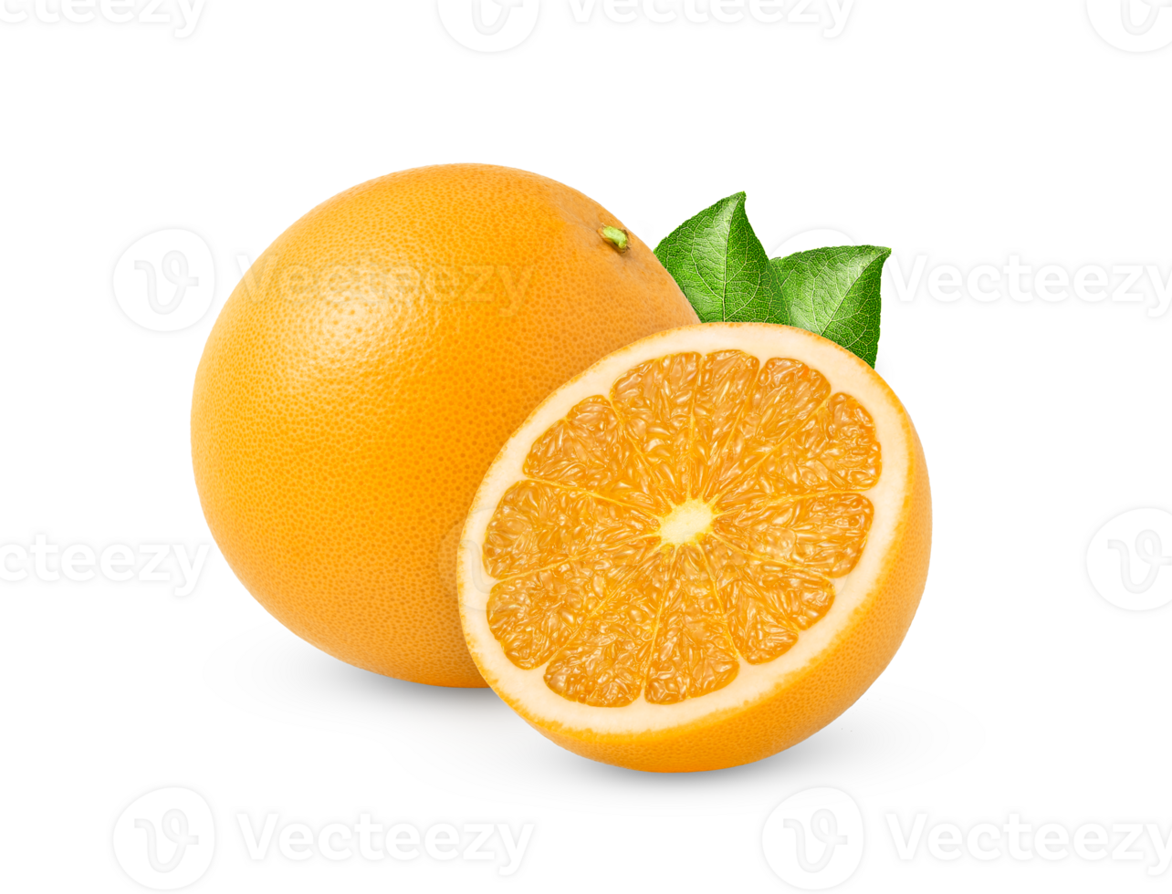 Orange fruit and a cut in a half isolated with green leaf. png