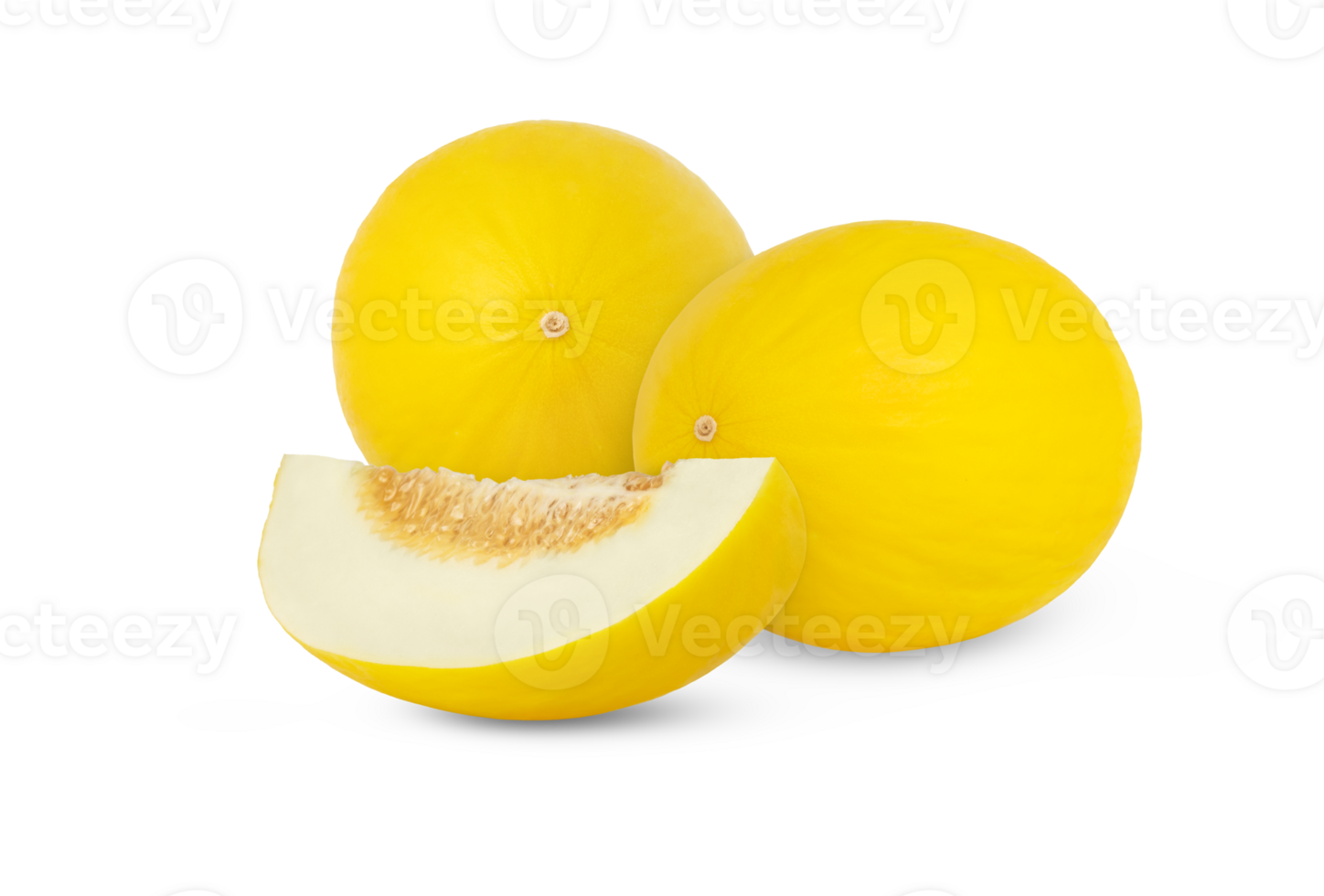 Two yellow ripe melons and a slice isolated. Canary melon and a cut in slice isolated. png