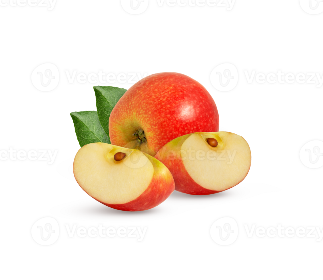 Pink lady apple with cut in half isolated with leaves. Red apples with leaf. png