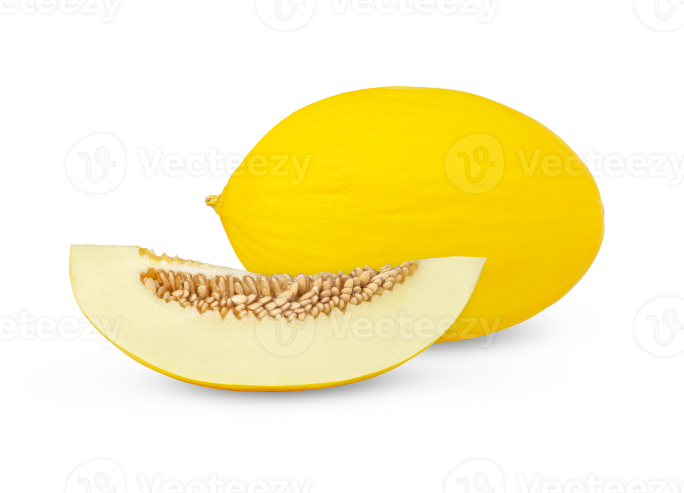 Juicy ripe yellow whole melon and a slice with seeds isolated. png