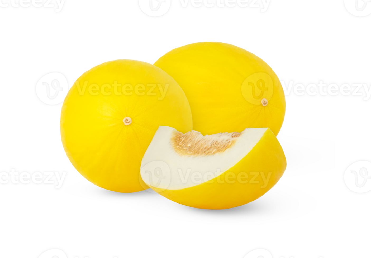 Ripe yellow honeydew melon and a slice isolated. Two canary melons and a cut with seeds. png