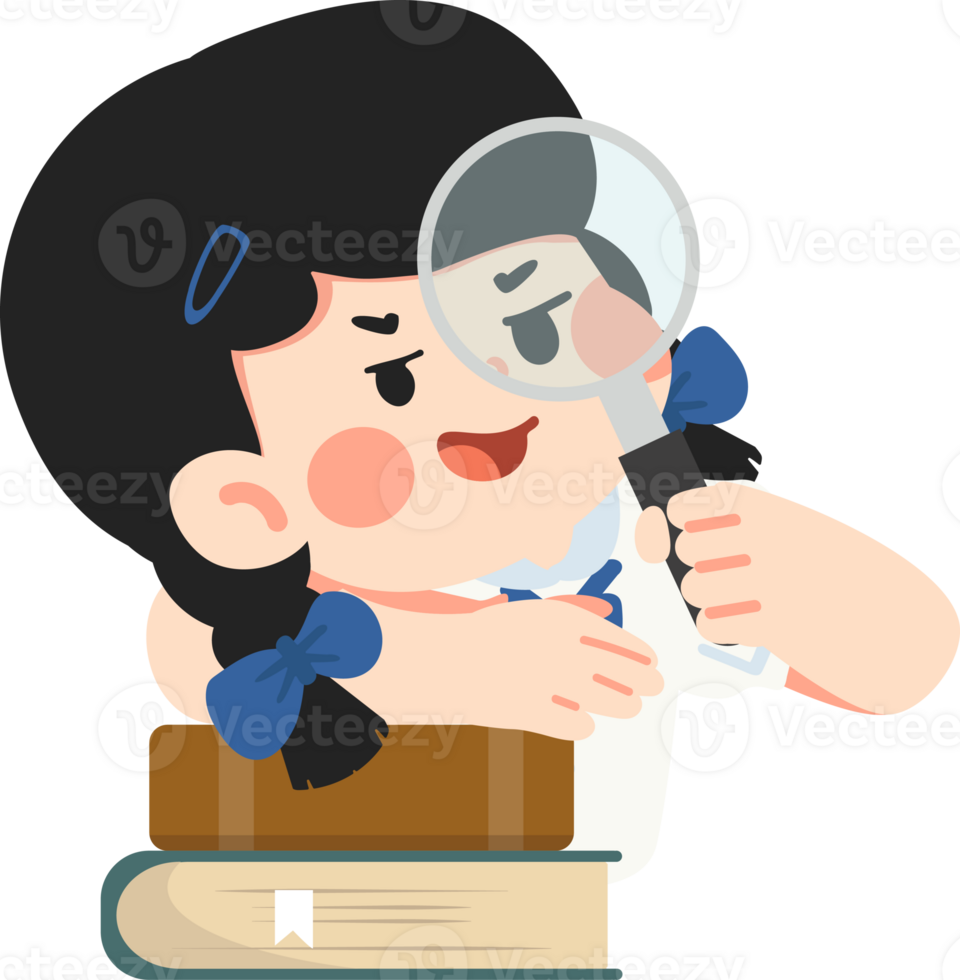 A girl holding a magnifying glass over a stack of books png