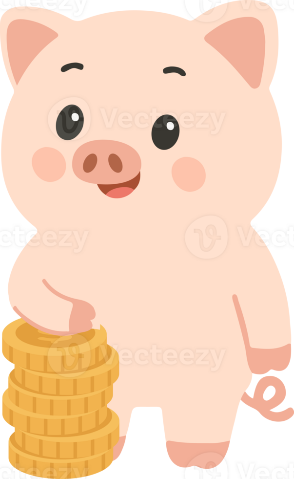 A cartoon pig holding a stack of coins png