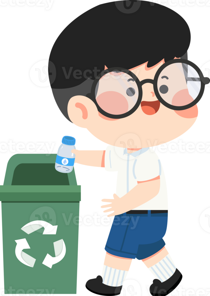 Boy with glasses and a bottle in a trash can png