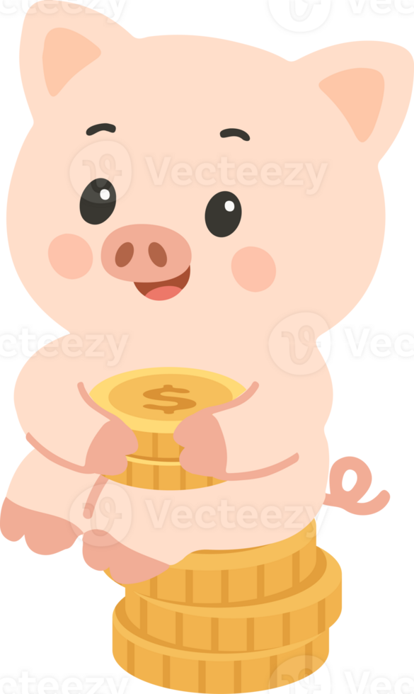 A cartoon pig sitting on top of a pile of coins png