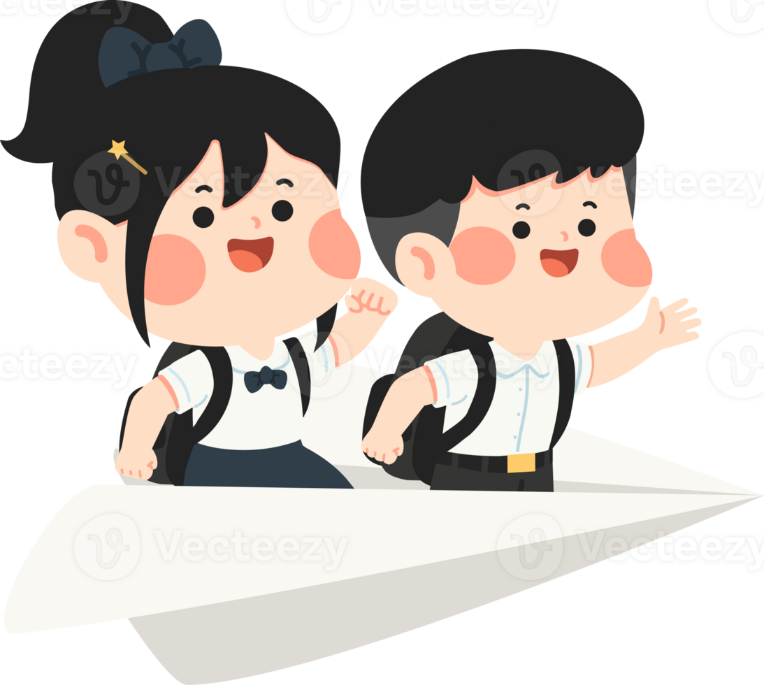 Two children in school uniforms are riding on a paper airplane png