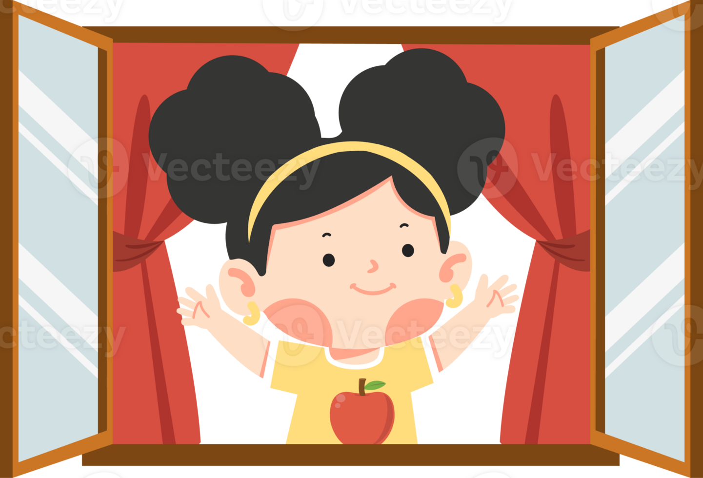 A cartoon girl looking out the window with an apple png