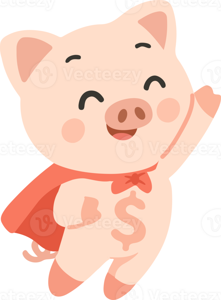 A cartoon pig wearing a red cape and holding a dollar sign png