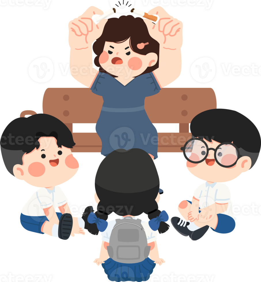 A cartoon woman sitting on a bench with three children png