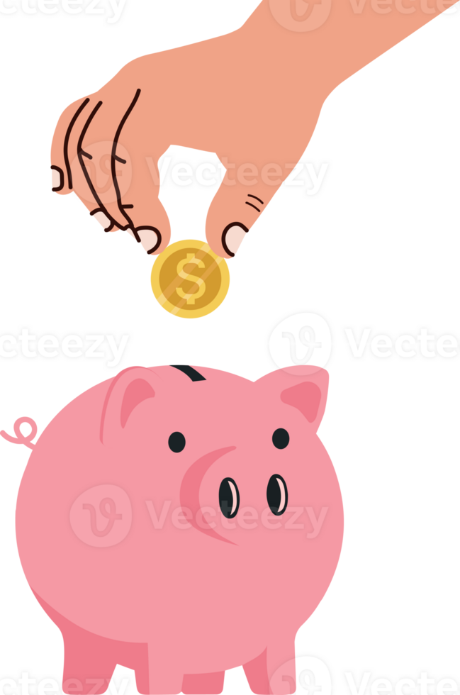 A hand putting a coin into a piggy bank png