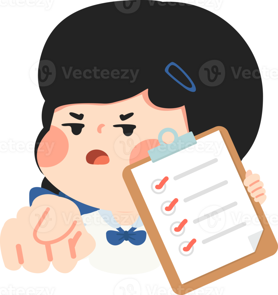 A cartoon girl holding a clipboard with a check mark on it png