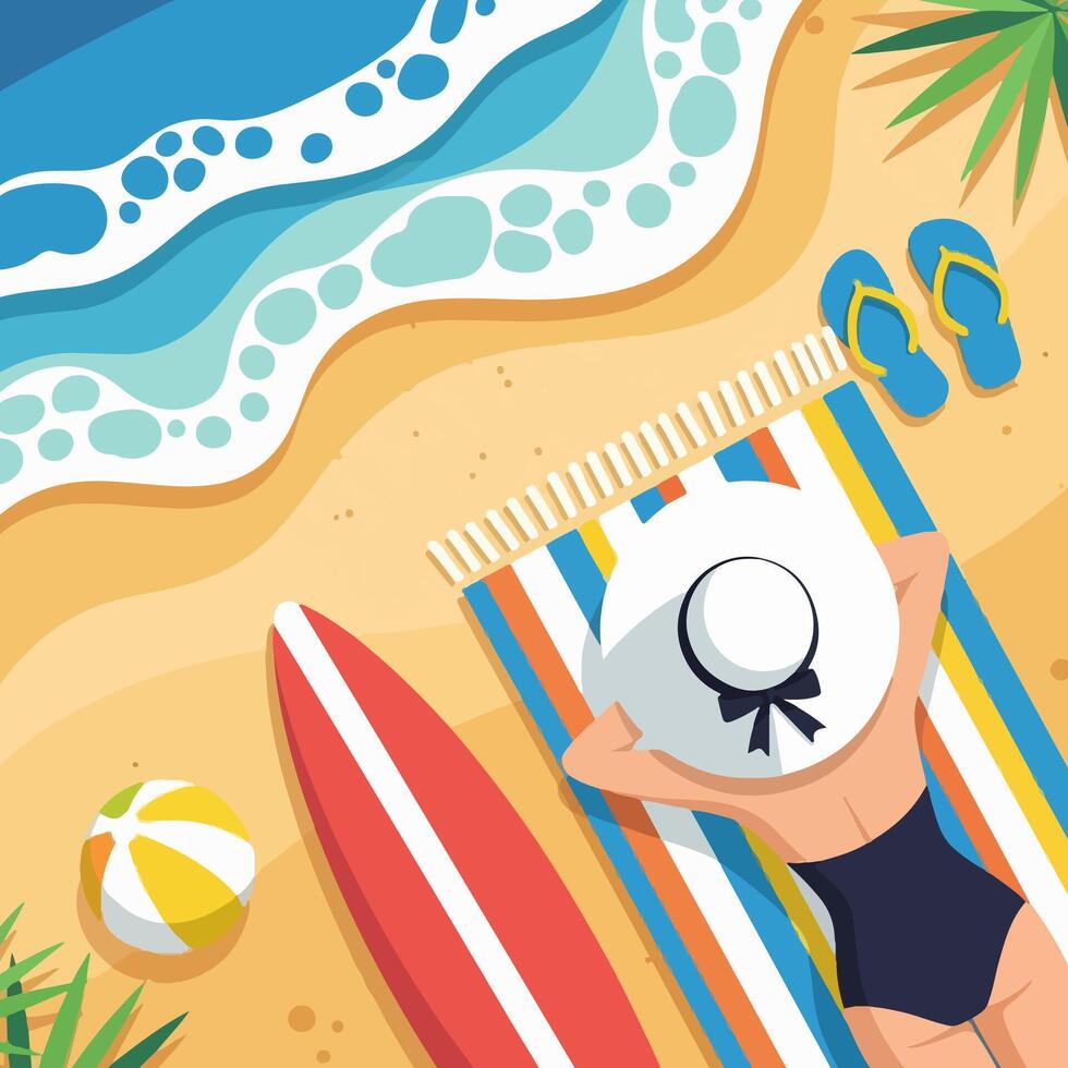 Overhead Flat Illustration of Woman Sunbathing on a Colorful Beach Towel by the Ocean vector