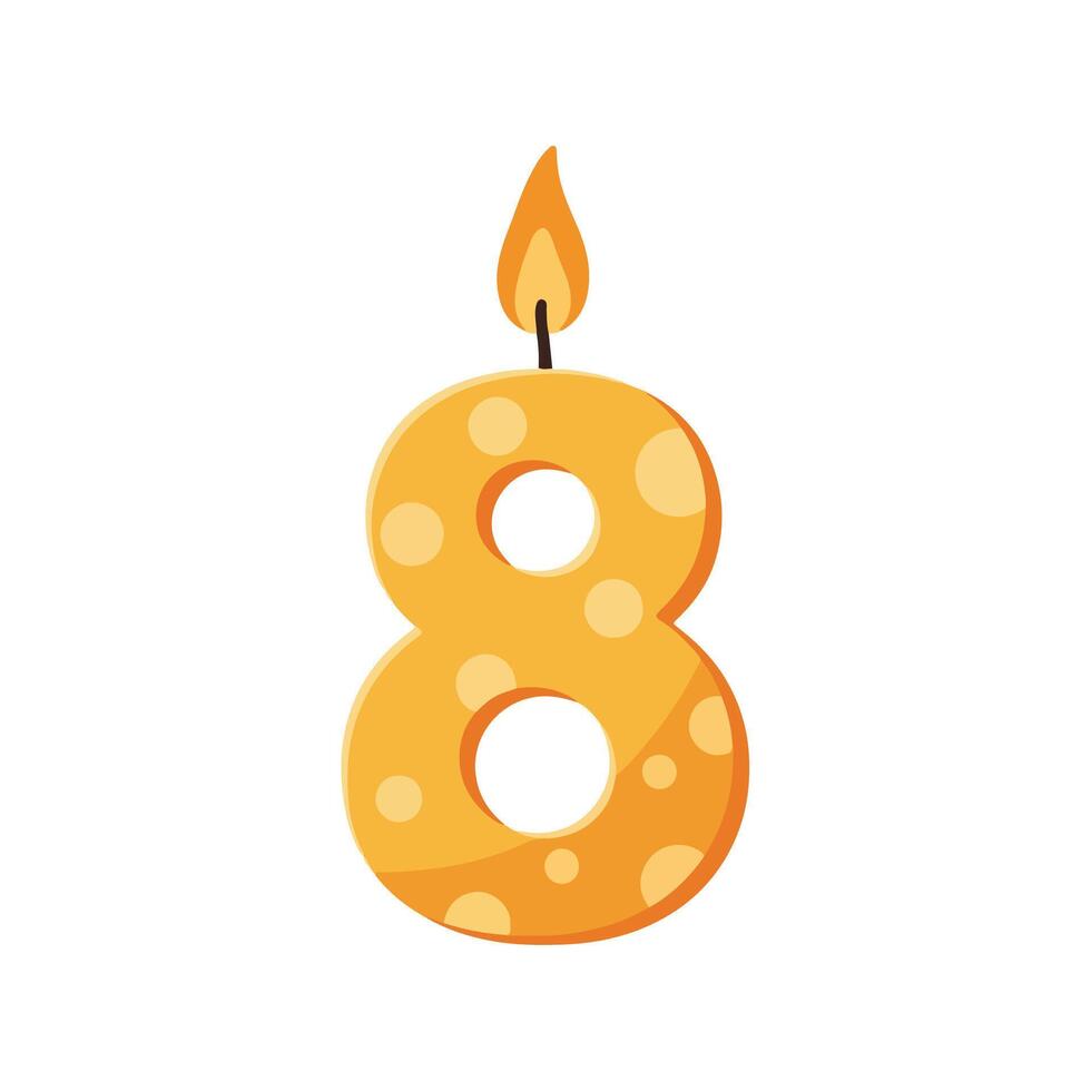 Flat Illustration of a Lit Number Eight Birthday Candle with Polka Dots on White Background vector