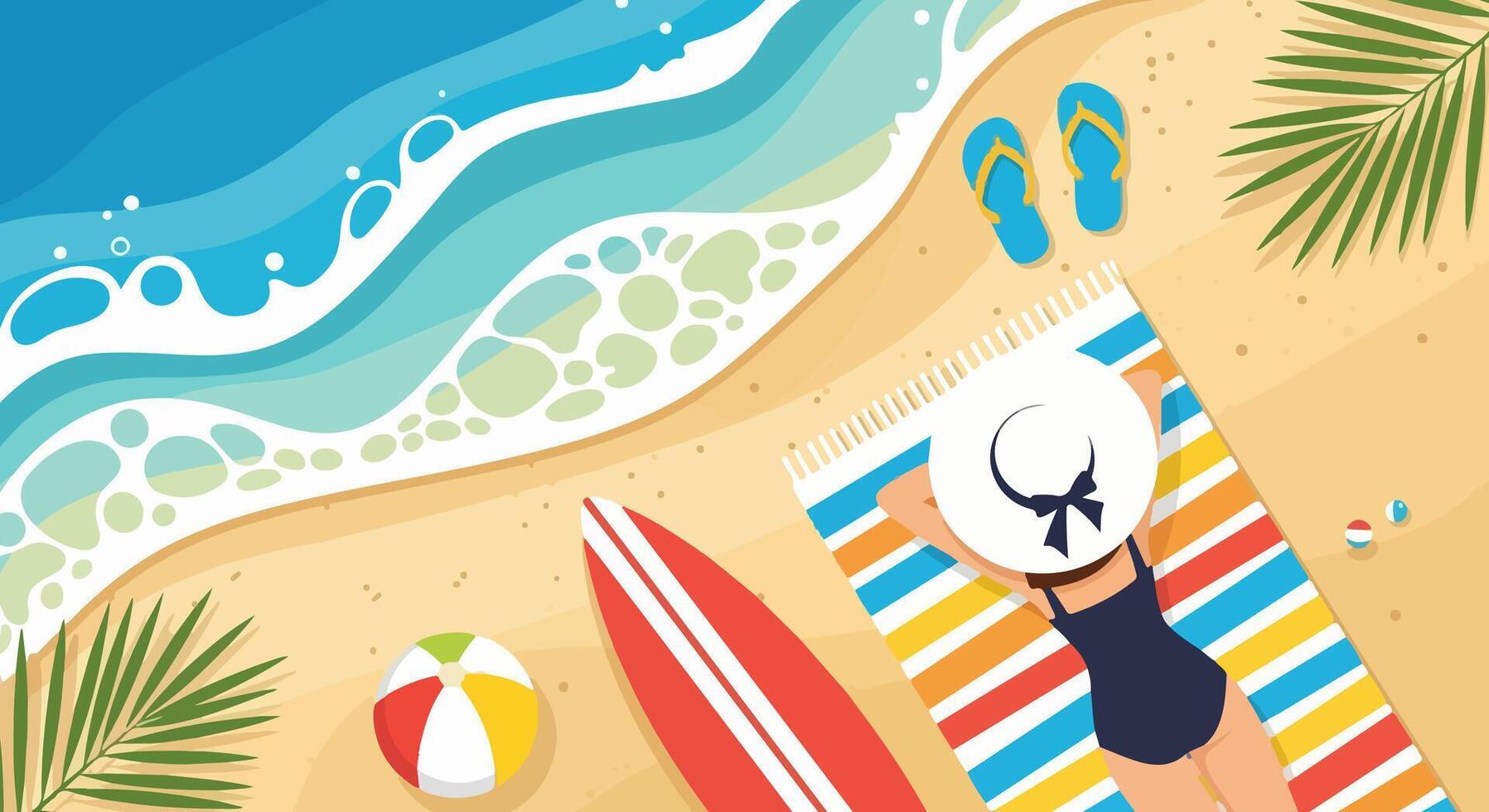 Beach scene with a sunbather and surfboard. vector