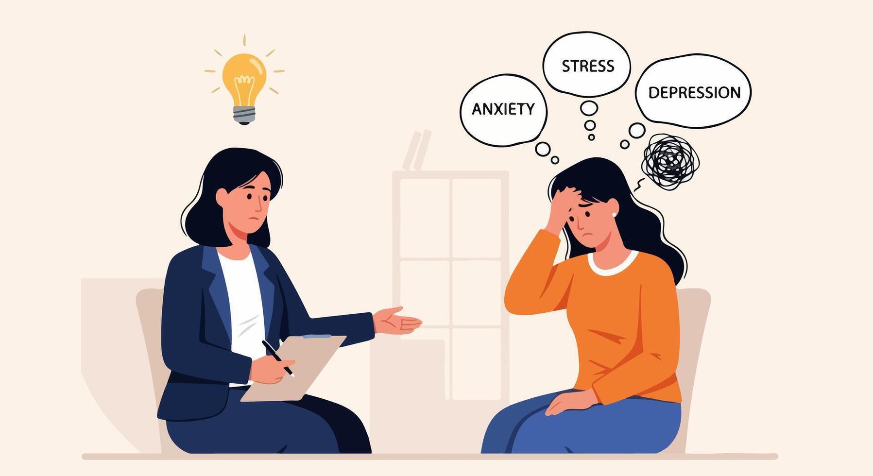Flat Illustration of Female Therapist Offering Support to Distressed Woman with Symbolic Thought Bubbles Representing Anxiety, Stress, and Depression in a Calm Counseling Setting vector