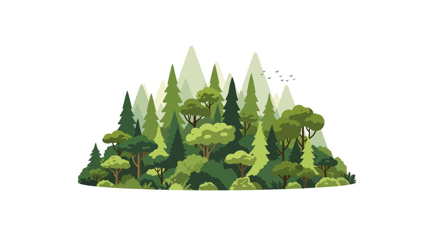 Flat Color Forest Landscape with Stylized Trees and Distant Mountains vector