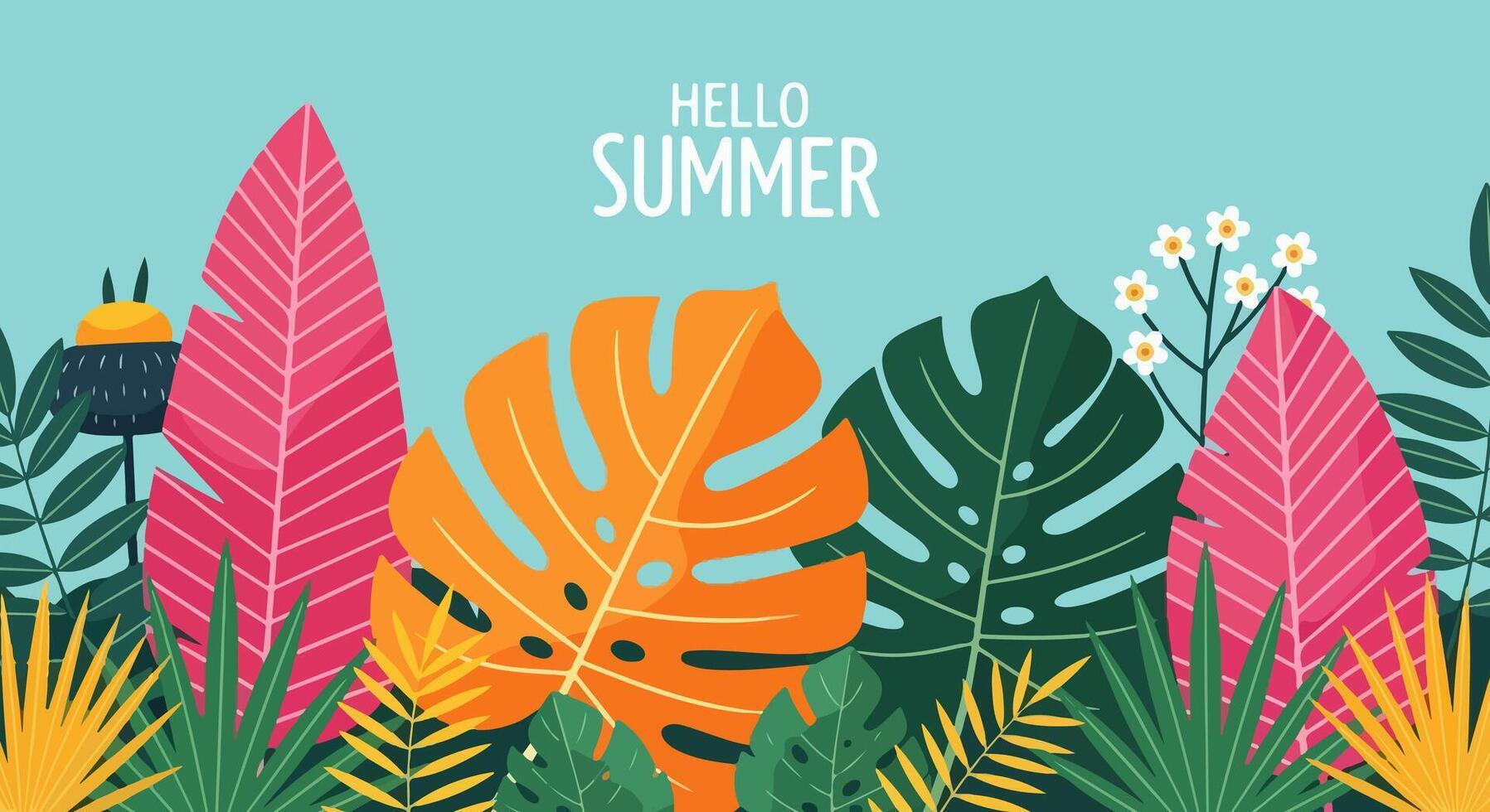 Colorful tropical leaves with summer text vector