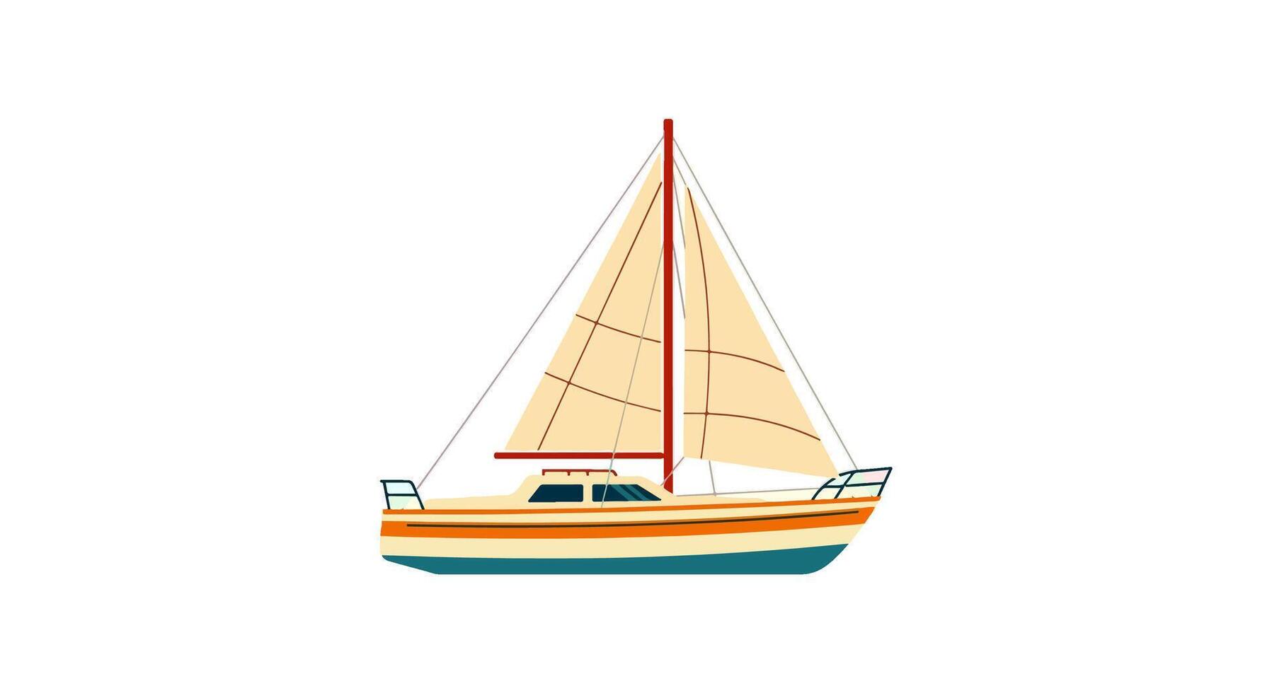Flat Stylized Illustration of Sailboat with Cream and Teal Striped Hull, Reddish-Brown Mast, and Unfurled Cream Sails in Broadside View vector