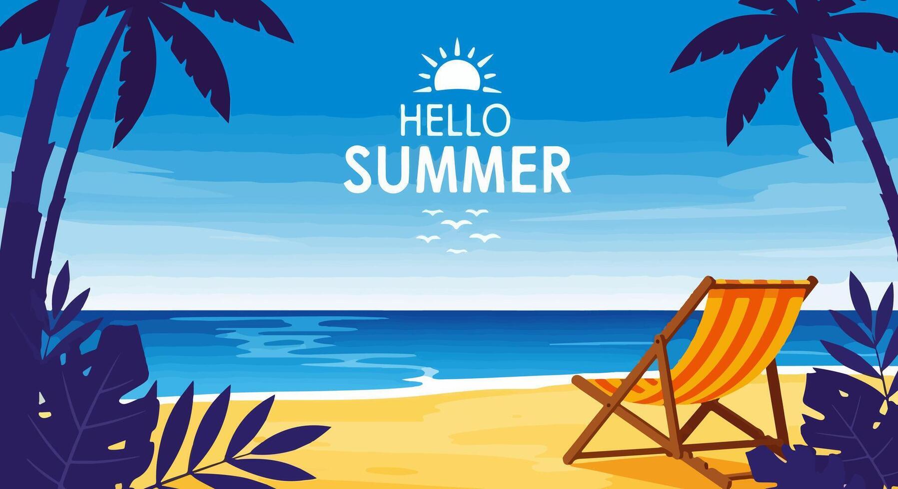 Beach scene with chair and palm trees vector