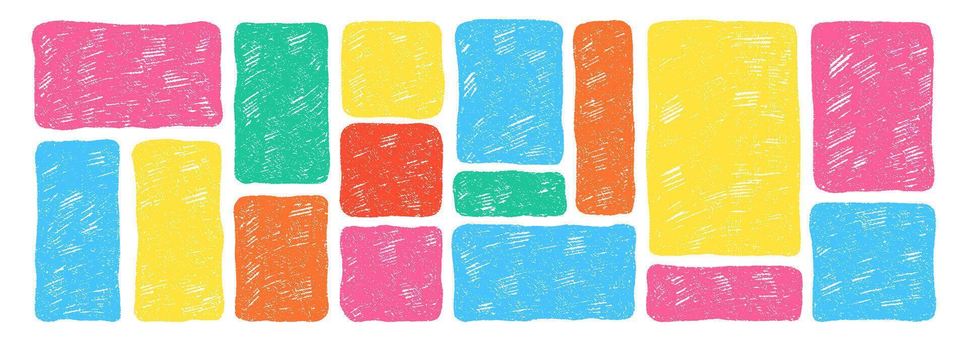 Set of rectangular liquid frames with organic texture of crayon, chalk or pastel . Stamps with rectangle shapes. Color illustration on a white background. vector