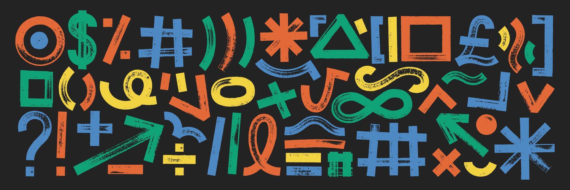 Set organic geometric bold shapes, texture lines and arrows. Grunge scribble elements in sketch style. Color illustration on a black background. vector