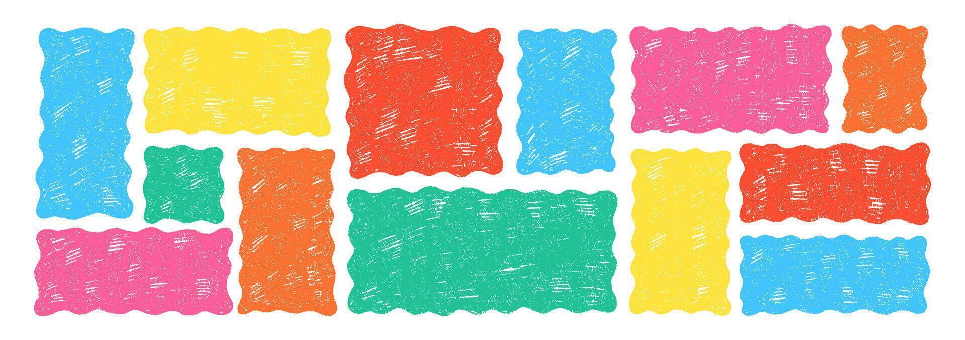 Set of rectangular frames with organic wavy edges and crayon, chalk or pastel texture. Stamps with rectangle shapes. Color illustration on a white background. vector