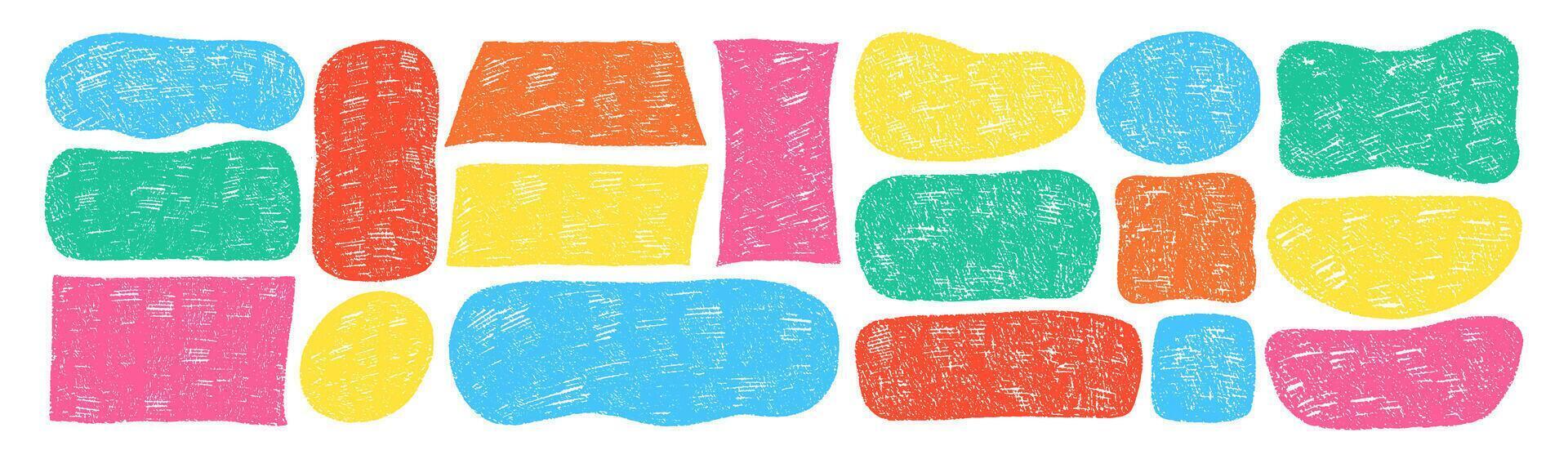 Set of liquid and rectangle shapes with organic texture of crayon, chalk or pastel . Stamps with freeform, oval ang square shapes. Color illustration on a white background. vector
