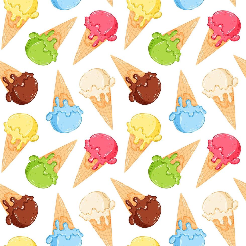 Seamless pattern of melting ice cream scoop in waffle cone in cartoon style. Perfect for summer themed design, packaging, textile, print and background. vector