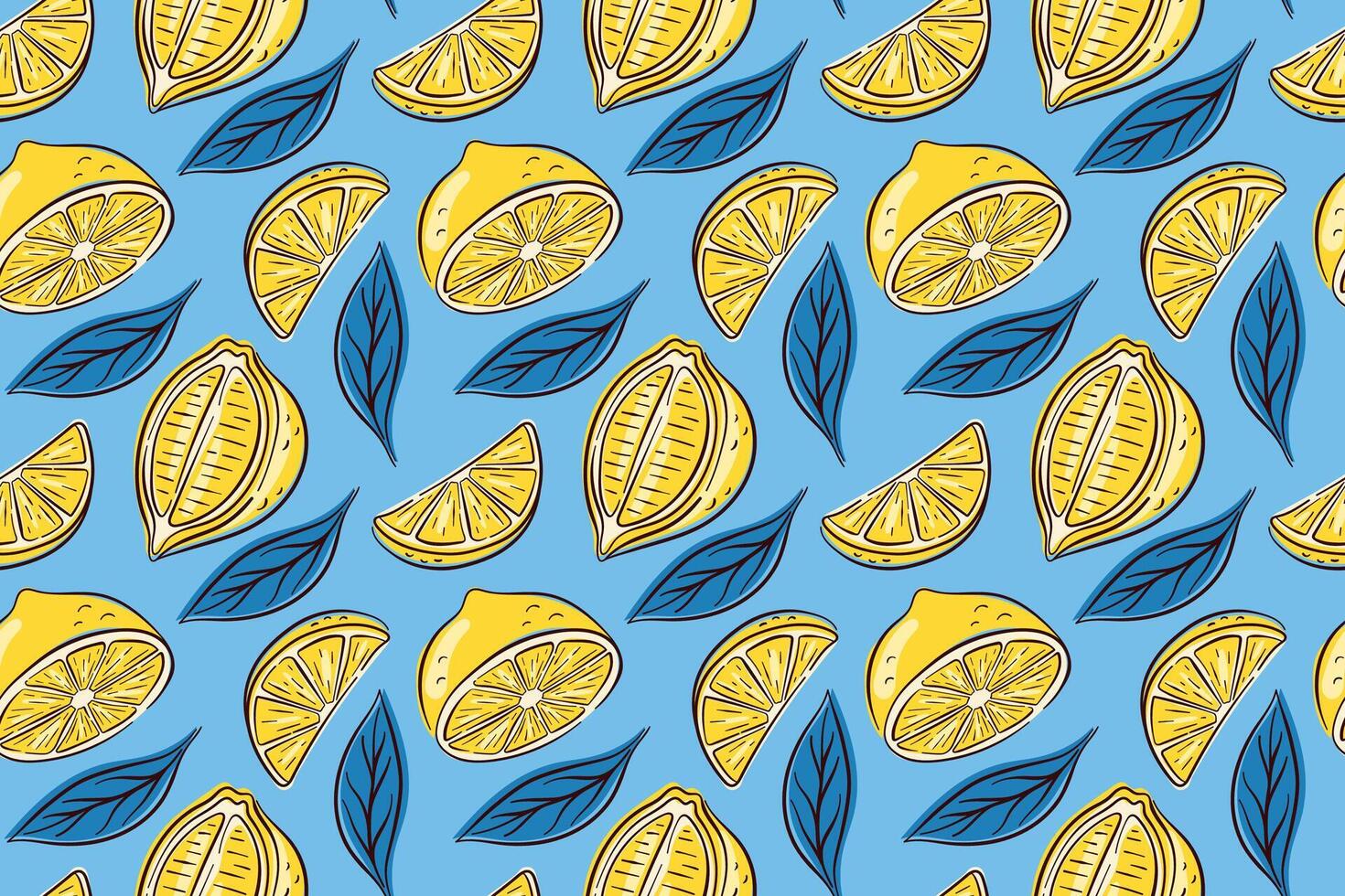 Seamless pattern of hand drawn lemon with slices and leaves on a blue background. Perfect for fresh citrus summer theme, kitchen print, healthy food package and natural organic product design. vector