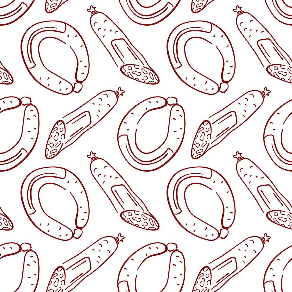 Seamless pattern with line art style sausage and salami on white background. Perfect for salami day holiday, meat packaging, butcher shop, deli menu, food design and kitchen decoration. vector