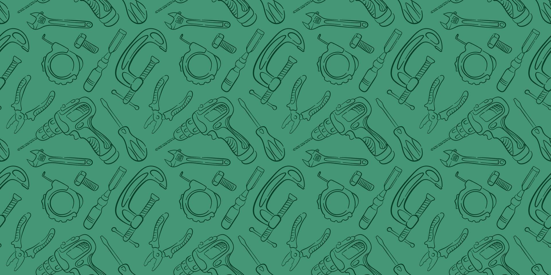 Seamless construction pattern with repair tool, drill, wrench, screwdriver, clamp, pliers in line art style. Perfect for background wallpaper, packaging and industrial design. vector